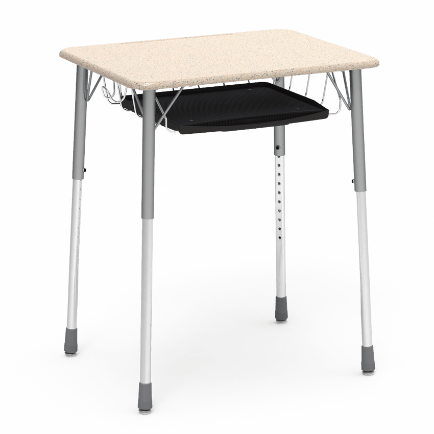 Virco ZADJ2026BRTBHM - ZUMA Series Student Desk, Hard Plastic Top (20" x 26-1/8"), Adjustable Height Legs (22"-34"H) with wire book basket with pencil tray and backpack hanger - SchoolOutlet