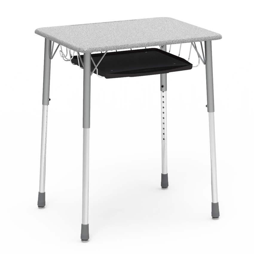 Virco ZADJ2026BRTBHM - ZUMA Series Student Desk, Hard Plastic Top (20" x 26-1/8"), Adjustable Height Legs (22"-34"H) with wire book basket with pencil tray and backpack hanger - SchoolOutlet
