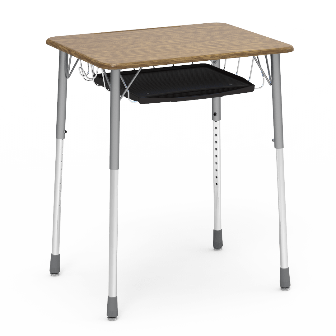 Virco ZADJ2026BRTBHM - ZUMA Series Student Desk, Hard Plastic Top (20" x 26-1/8"), Adjustable Height Legs (22"-34"H) with wire book basket with pencil tray and backpack hanger - SchoolOutlet