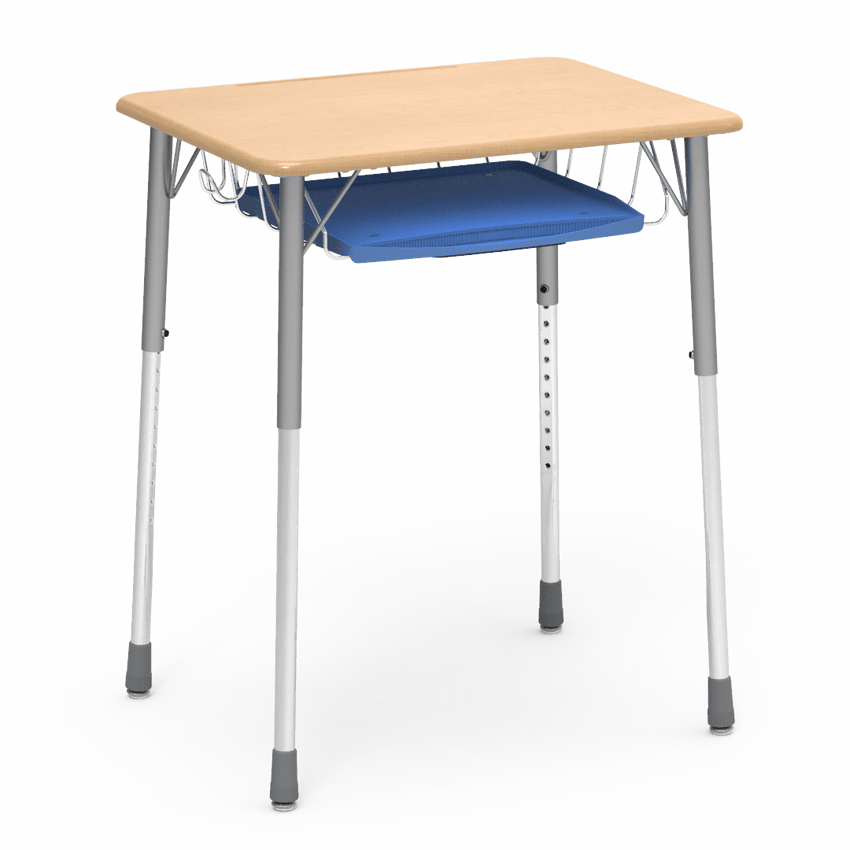 Virco ZADJ2026BRTBHM - ZUMA Series Student Desk, Hard Plastic Top (20" x 26-1/8"), Adjustable Height Legs (22"-34"H) with wire book basket with pencil tray and backpack hanger - SchoolOutlet
