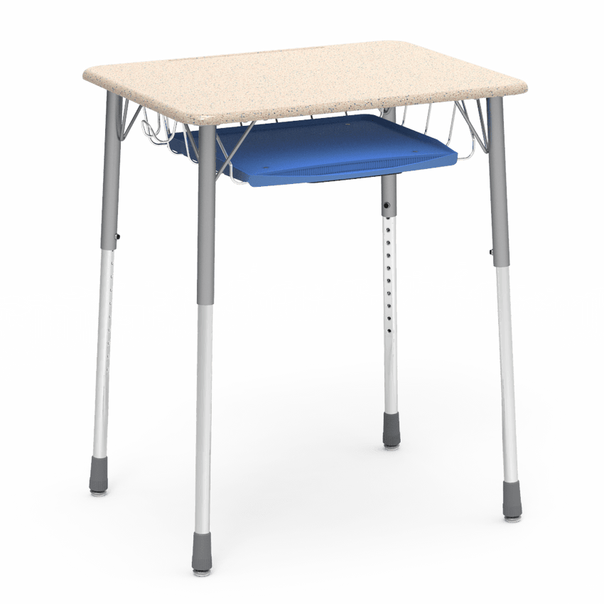 Virco ZADJ2026BRTBHM - ZUMA Series Student Desk, Hard Plastic Top (20" x 26-1/8"), Adjustable Height Legs (22"-34"H) with wire book basket with pencil tray and backpack hanger - SchoolOutlet