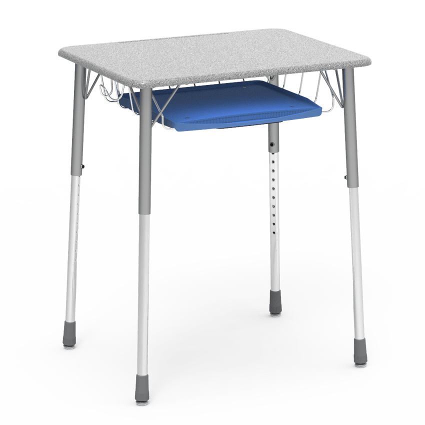Virco ZADJ2026BRTBHM - ZUMA Series Student Desk, Hard Plastic Top (20" x 26-1/8"), Adjustable Height Legs (22"-34"H) with wire book basket with pencil tray and backpack hanger - SchoolOutlet