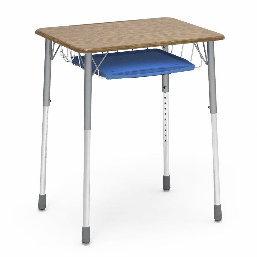 Virco ZADJ2026BRTBHM - ZUMA Series Student Desk, Hard Plastic Top (20" x 26-1/8"), Adjustable Height Legs (22"-34"H) with wire book basket with pencil tray and backpack hanger - SchoolOutlet