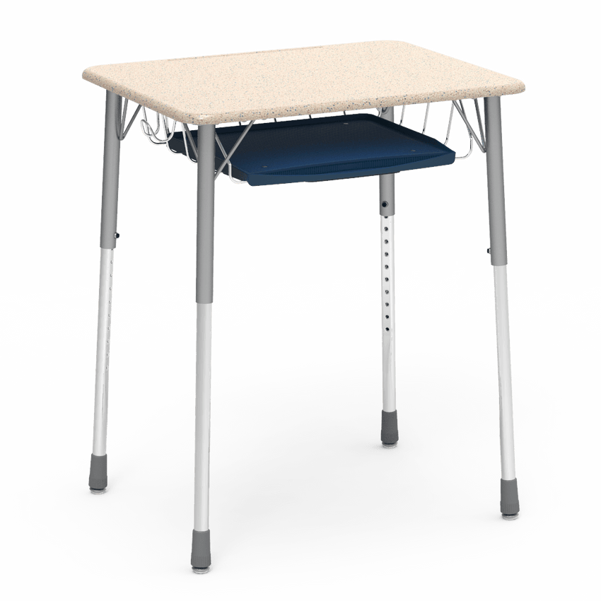 Virco ZADJ2026BRTBHM - ZUMA Series Student Desk, Hard Plastic Top (20" x 26-1/8"), Adjustable Height Legs (22"-34"H) with wire book basket with pencil tray and backpack hanger - SchoolOutlet