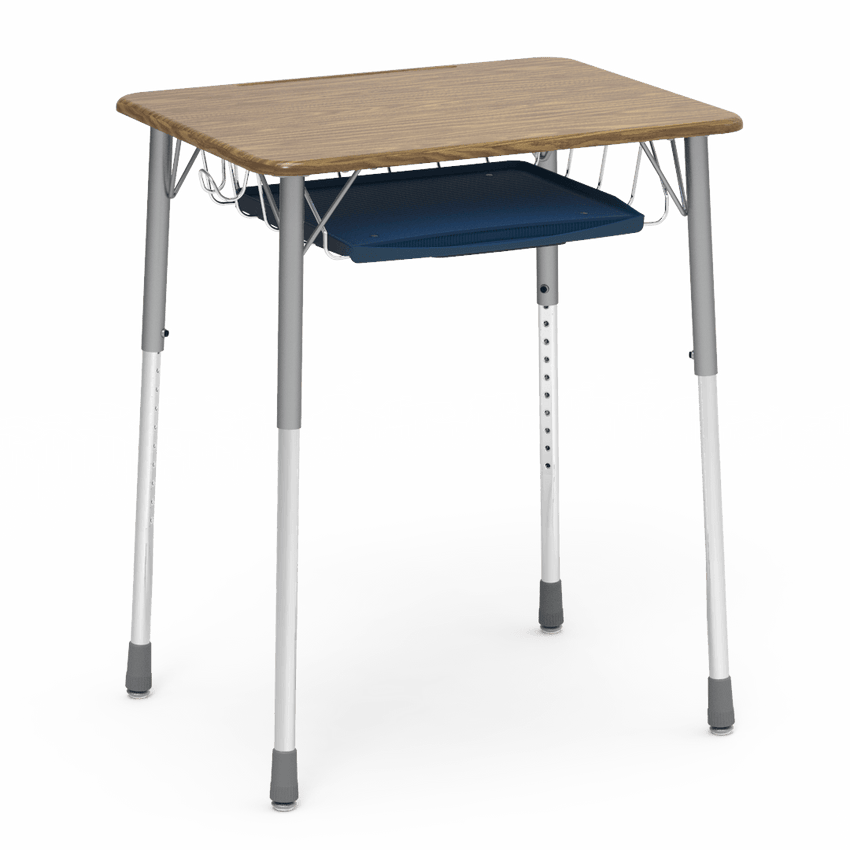 Virco ZADJ2026BRTBHM - ZUMA Series Student Desk, Hard Plastic Top (20" x 26-1/8"), Adjustable Height Legs (22"-34"H) with wire book basket with pencil tray and backpack hanger - SchoolOutlet