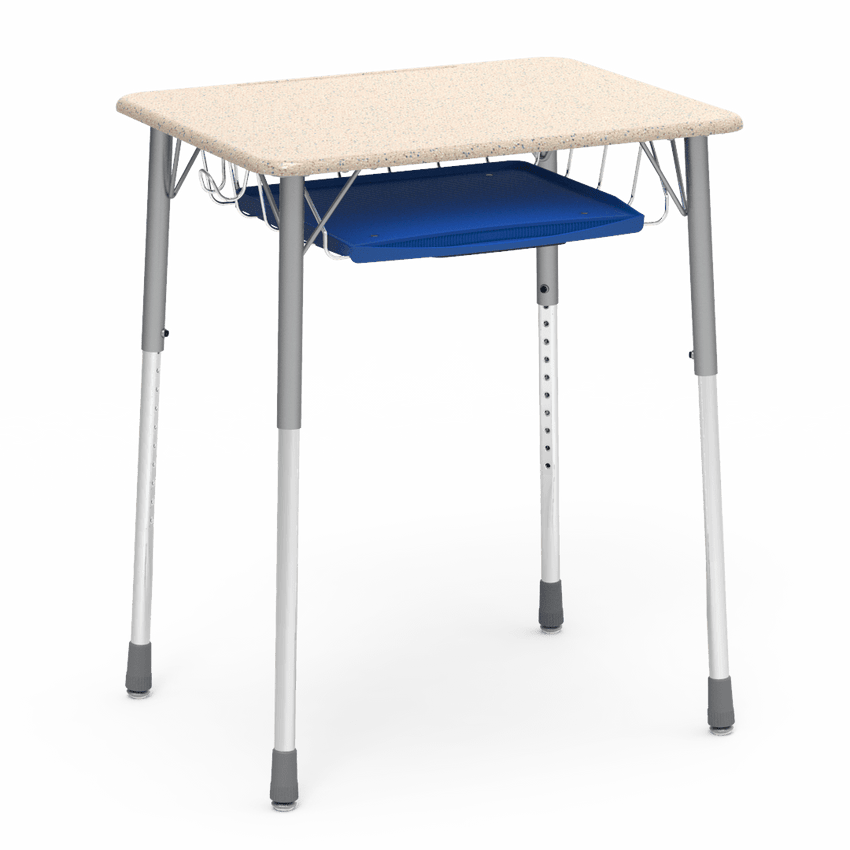 Virco ZADJ2026BRTBHM - ZUMA Series Student Desk, Hard Plastic Top (20" x 26-1/8"), Adjustable Height Legs (22"-34"H) with wire book basket with pencil tray and backpack hanger - SchoolOutlet