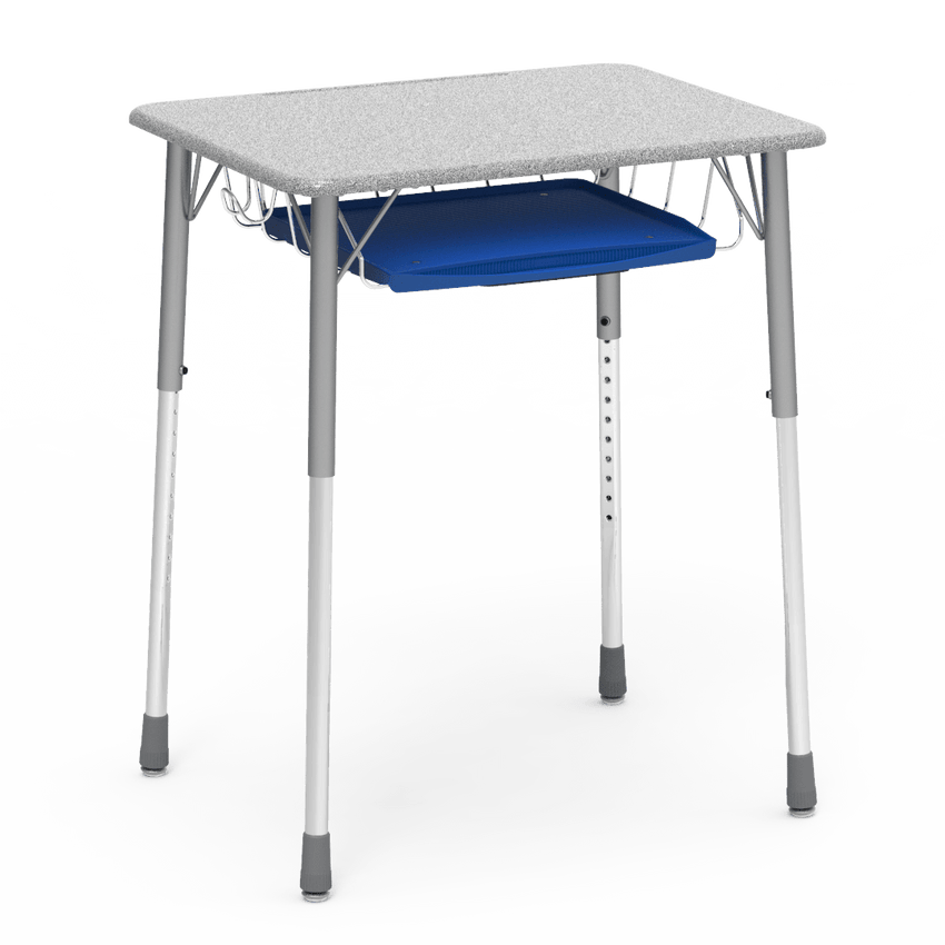 Virco ZADJ2026BRTBHM - ZUMA Series Student Desk, Hard Plastic Top (20" x 26-1/8"), Adjustable Height Legs (22"-34"H) with wire book basket with pencil tray and backpack hanger - SchoolOutlet