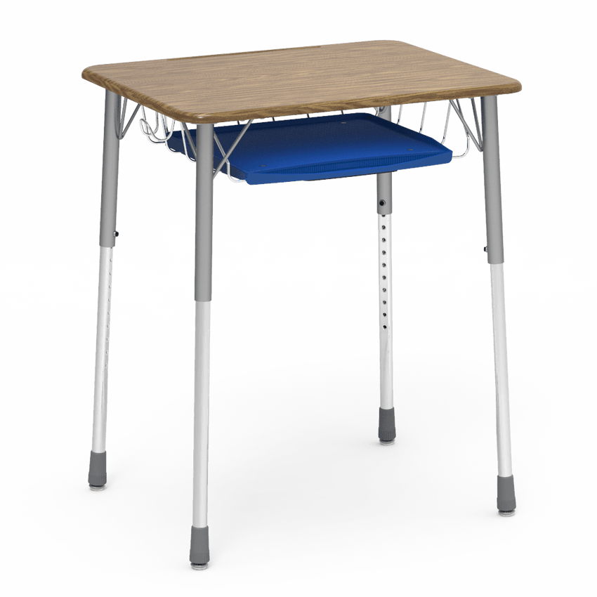 Virco ZADJ2026BRTBHM - ZUMA Series Student Desk, Hard Plastic Top (20" x 26-1/8"), Adjustable Height Legs (22"-34"H) with wire book basket with pencil tray and backpack hanger - SchoolOutlet
