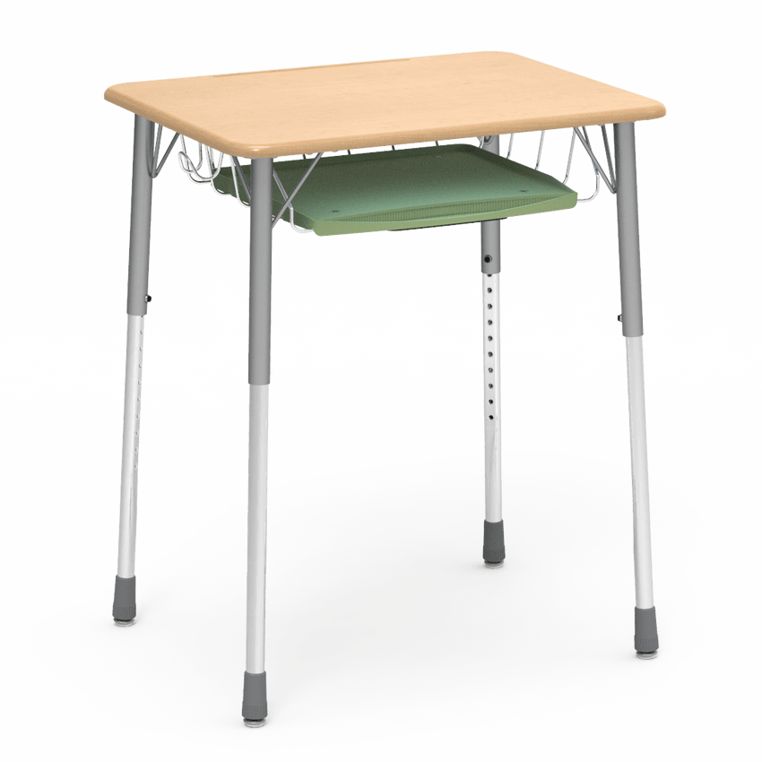 Virco ZADJ2026BRTBHM - ZUMA Series Student Desk, Hard Plastic Top (20" x 26-1/8"), Adjustable Height Legs (22"-34"H) with wire book basket with pencil tray and backpack hanger - SchoolOutlet