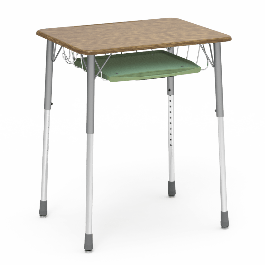 Virco ZADJ2026BRTBHM - ZUMA Series Student Desk, Hard Plastic Top (20" x 26-1/8"), Adjustable Height Legs (22"-34"H) with wire book basket with pencil tray and backpack hanger - SchoolOutlet