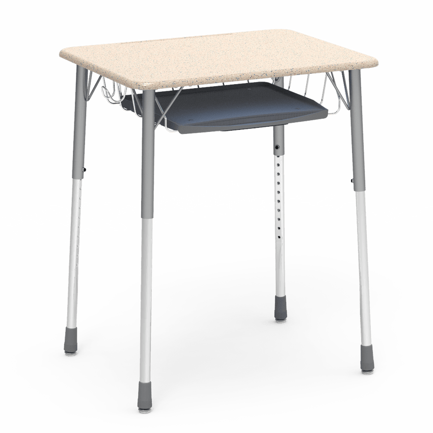Virco ZADJ2026BRTBHM - ZUMA Series Student Desk, Hard Plastic Top (20" x 26-1/8"), Adjustable Height Legs (22"-34"H) with wire book basket with pencil tray and backpack hanger - SchoolOutlet