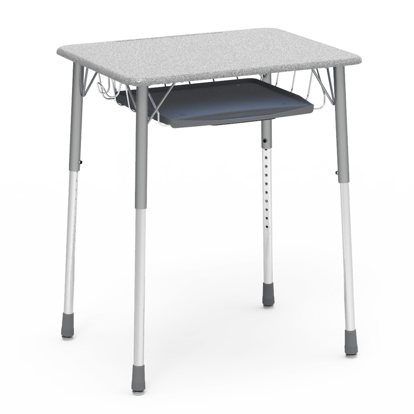 Virco ZADJ2026BRTBHM - ZUMA Series Student Desk, Hard Plastic Top (20" x 26-1/8"), Adjustable Height Legs (22"-34"H) with wire book basket with pencil tray and backpack hanger - SchoolOutlet