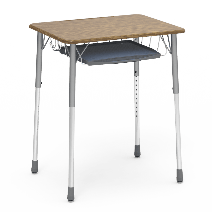 Virco ZADJ2026BRTBHM - ZUMA Series Student Desk, Hard Plastic Top (20" x 26-1/8"), Adjustable Height Legs (22"-34"H) with wire book basket with pencil tray and backpack hanger - SchoolOutlet