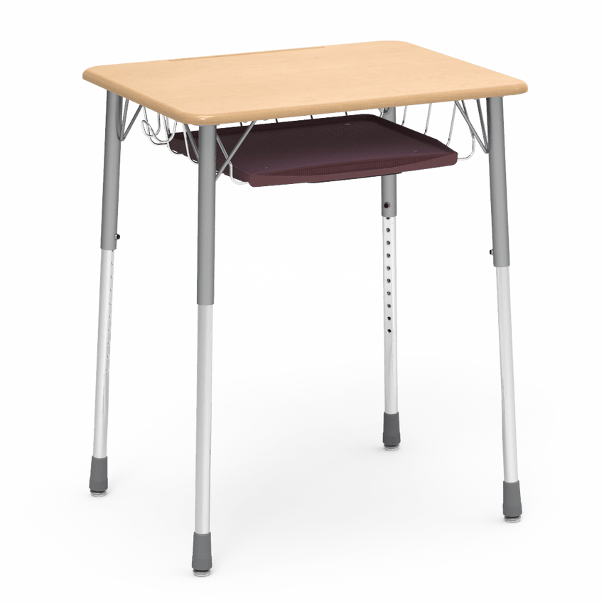 Virco ZADJ2026BRTBHM - ZUMA Series Student Desk, Hard Plastic Top (20" x 26-1/8"), Adjustable Height Legs (22"-34"H) with wire book basket with pencil tray and backpack hanger - SchoolOutlet