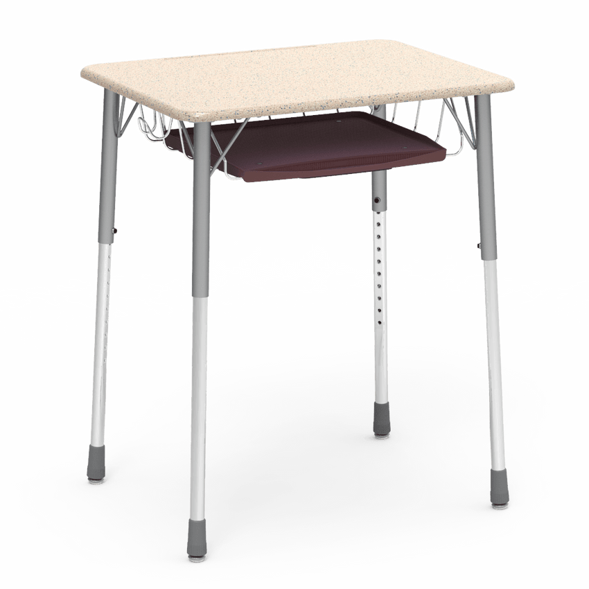 Virco ZADJ2026BRTBHM - ZUMA Series Student Desk, Hard Plastic Top (20" x 26-1/8"), Adjustable Height Legs (22"-34"H) with wire book basket with pencil tray and backpack hanger - SchoolOutlet