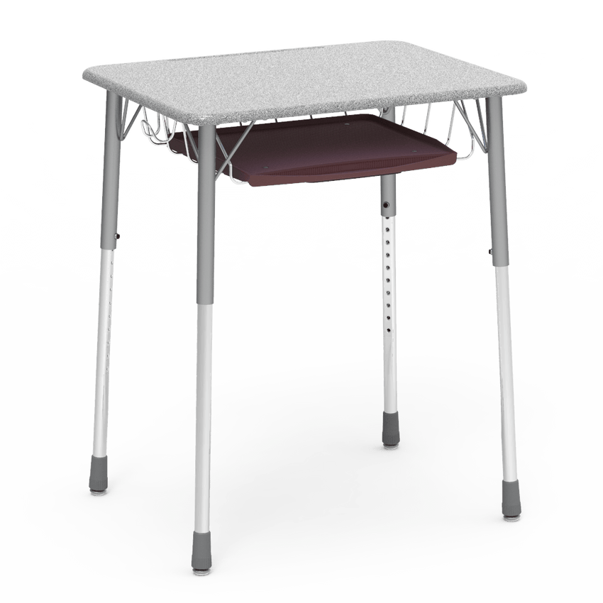Virco ZADJ2026BRTBHM - ZUMA Series Student Desk, Hard Plastic Top (20" x 26-1/8"), Adjustable Height Legs (22"-34"H) with wire book basket with pencil tray and backpack hanger - SchoolOutlet