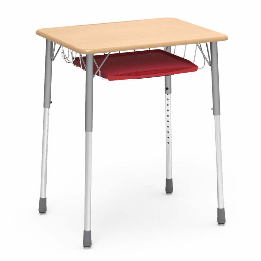 Virco ZADJ2026BRTBHM - ZUMA Series Student Desk, Hard Plastic Top (20" x 26-1/8"), Adjustable Height Legs (22"-34"H) with wire book basket with pencil tray and backpack hanger - SchoolOutlet