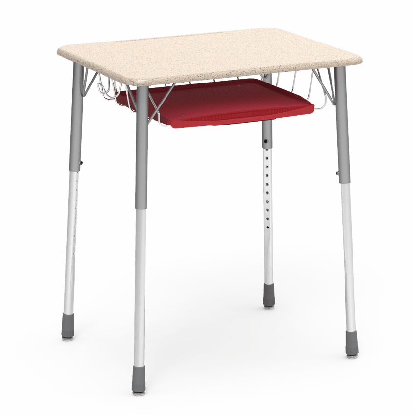 Virco ZADJ2026BRTBHM - ZUMA Series Student Desk, Hard Plastic Top (20" x 26-1/8"), Adjustable Height Legs (22"-34"H) with wire book basket with pencil tray and backpack hanger - SchoolOutlet