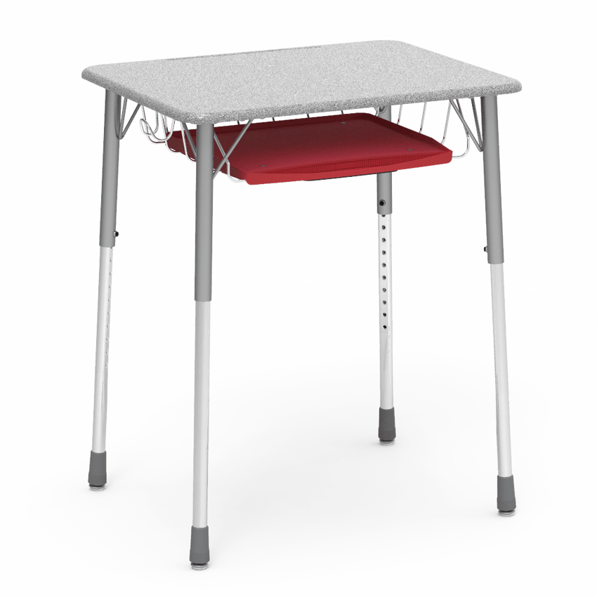 Virco ZADJ2026BRTBHM - ZUMA Series Student Desk, Hard Plastic Top (20" x 26-1/8"), Adjustable Height Legs (22"-34"H) with wire book basket with pencil tray and backpack hanger - SchoolOutlet