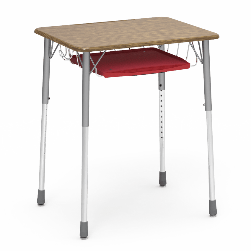 Virco ZADJ2026BRTBHM - ZUMA Series Student Desk, Hard Plastic Top (20" x 26-1/8"), Adjustable Height Legs (22"-34"H) with wire book basket with pencil tray and backpack hanger - SchoolOutlet