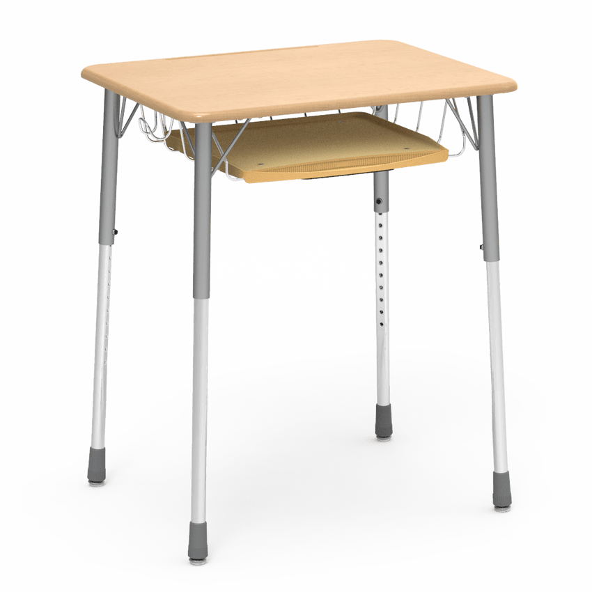 Virco ZADJ2026BRTBHM - ZUMA Series Student Desk, Hard Plastic Top (20" x 26-1/8"), Adjustable Height Legs (22"-34"H) with wire book basket with pencil tray and backpack hanger - SchoolOutlet