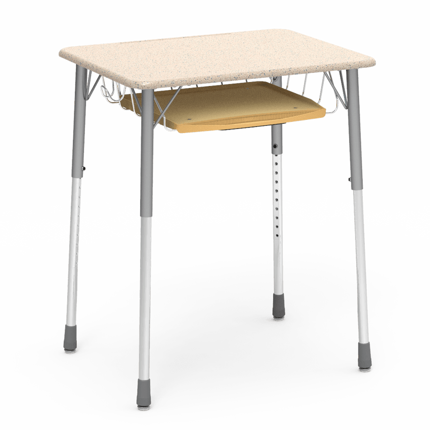 Virco ZADJ2026BRTBHM - ZUMA Series Student Desk, Hard Plastic Top (20" x 26-1/8"), Adjustable Height Legs (22"-34"H) with wire book basket with pencil tray and backpack hanger - SchoolOutlet