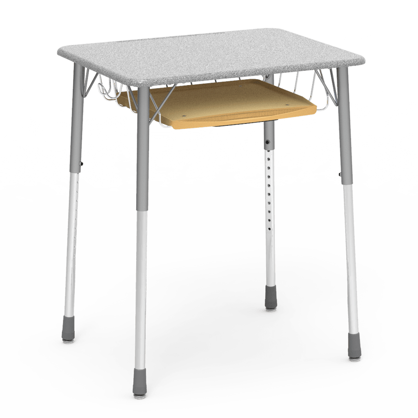 Virco ZADJ2026BRTBHM - ZUMA Series Student Desk, Hard Plastic Top (20" x 26-1/8"), Adjustable Height Legs (22"-34"H) with wire book basket with pencil tray and backpack hanger - SchoolOutlet