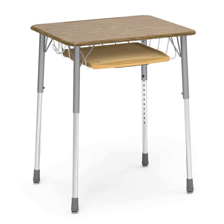 Virco ZADJ2026BRTBHM - ZUMA Series Student Desk, Hard Plastic Top (20" x 26-1/8"), Adjustable Height Legs (22"-34"H) with wire book basket with pencil tray and backpack hanger - SchoolOutlet