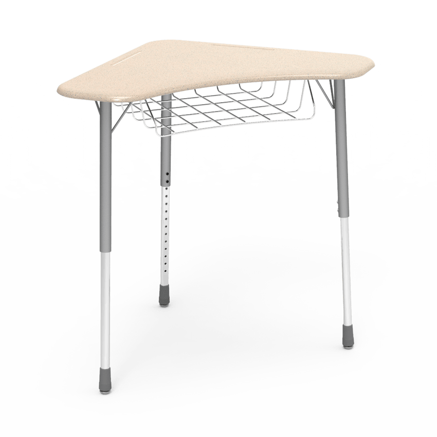 Virco ZBOOMBRM - ZUMA Series Student Desk - Boomerang Shape, Hard Plastic Top, 22"-34"H with wire book basket - SchoolOutlet