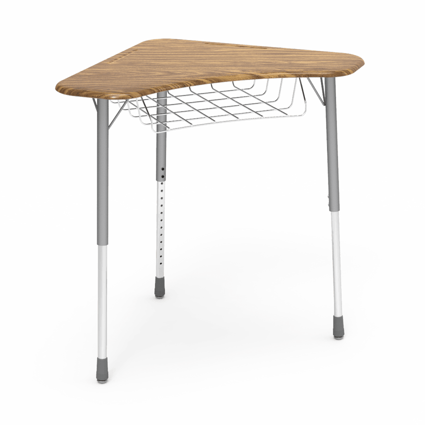 Virco ZBOOMBRM - ZUMA Series Student Desk - Boomerang Shape, Hard Plastic Top, 22"-34"H with wire book basket - SchoolOutlet