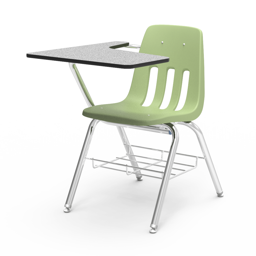 Virco 9700BR Student Tablet Arm Chair with Desk for Schools and Classrooms 18" Seat, Tablet-Arm Laminate Top, Bookrack - SchoolOutlet