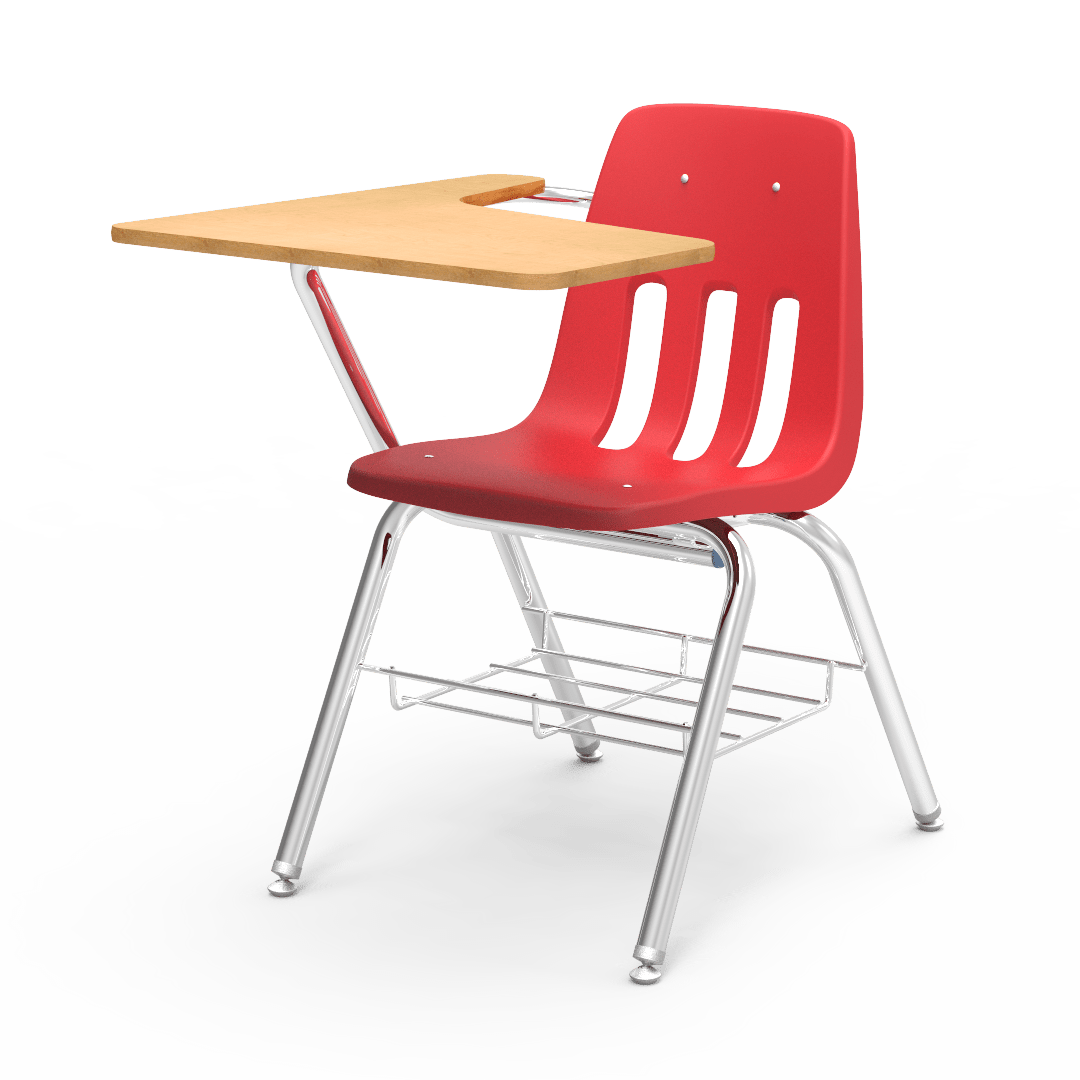 Virco 9700BR Student Tablet Arm Chair with Desk for Schools and Classrooms 18" Seat, Tablet-Arm Laminate Top, Bookrack - SchoolOutlet