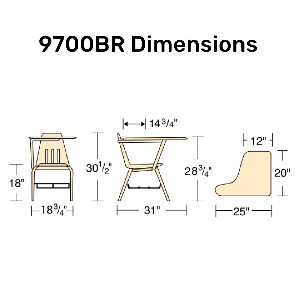 Virco 9700BR Student Tablet Arm Chair with Desk for Schools and Classrooms 18" Seat, Tablet-Arm Laminate Top, Bookrack - SchoolOutlet