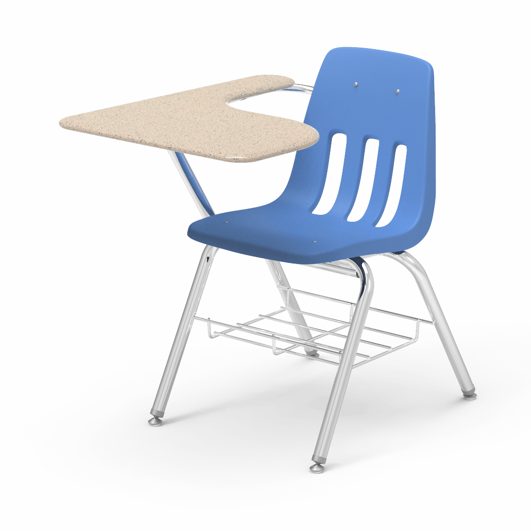 Virco 9700BRM Tablet Arm Chair-Desk with 18" Seat, 12" x 20" x 25" Hard Plastic Top, Bookrack for School and Classrooms - SchoolOutlet