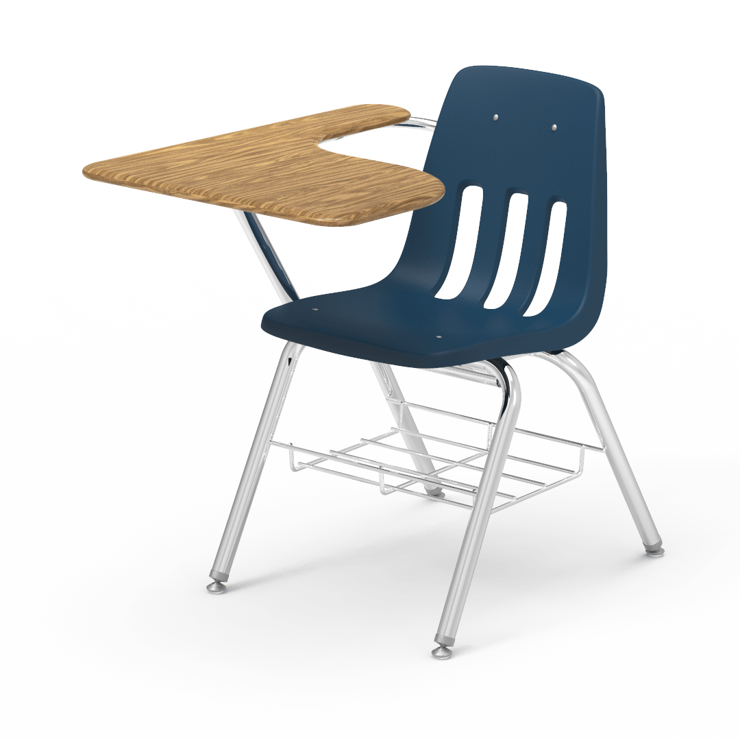 Virco 9700BRM Tablet Arm Chair-Desk with 18" Seat, 12" x 20" x 25" Hard Plastic Top, Bookrack for School and Classrooms - SchoolOutlet