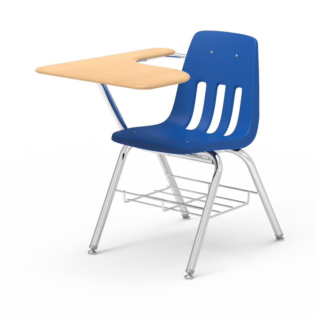 Virco 9700BRM Tablet Arm Chair-Desk with 18" Seat, 12" x 20" x 25" Hard Plastic Top, Bookrack for School and Classrooms - SchoolOutlet