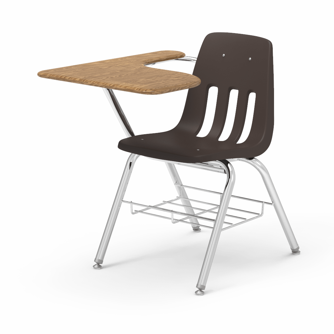 Virco 9700BRM Tablet Arm Chair-Desk with 18" Seat, 12" x 20" x 25" Hard Plastic Top, Bookrack for School and Classrooms - SchoolOutlet