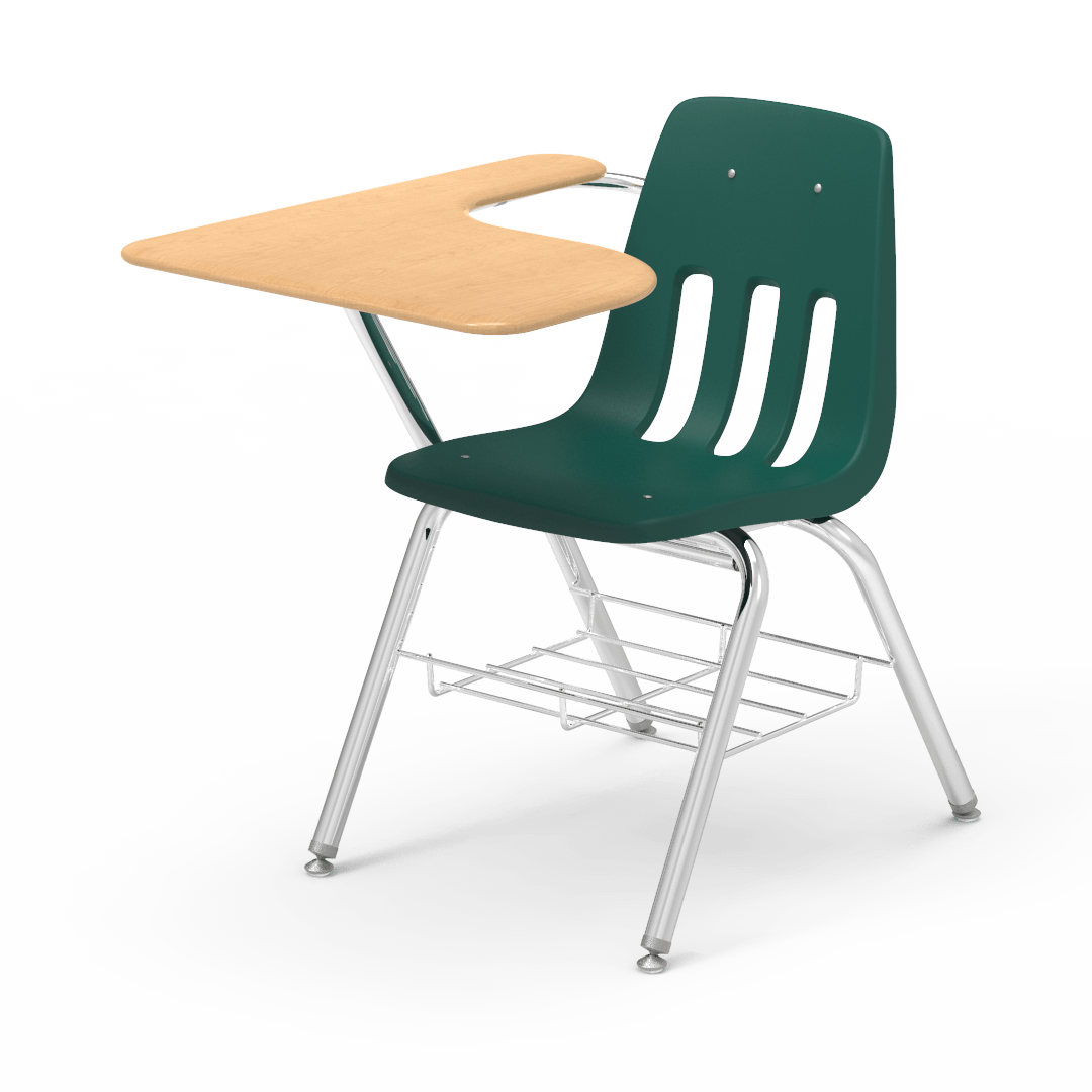 Virco 9700BRM Tablet Arm Chair-Desk with 18" Seat, 12" x 20" x 25" Hard Plastic Top, Bookrack for School and Classrooms - SchoolOutlet