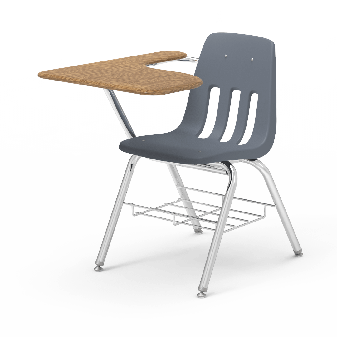 Virco 9700BRM Tablet Arm Chair-Desk with 18" Seat, 12" x 20" x 25" Hard Plastic Top, Bookrack for School and Classrooms - SchoolOutlet