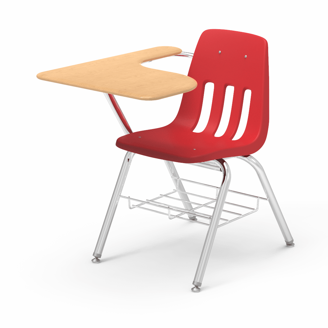 Virco 9700BRM Tablet Arm Chair-Desk with 18" Seat, 12" x 20" x 25" Hard Plastic Top, Bookrack for School and Classrooms - SchoolOutlet