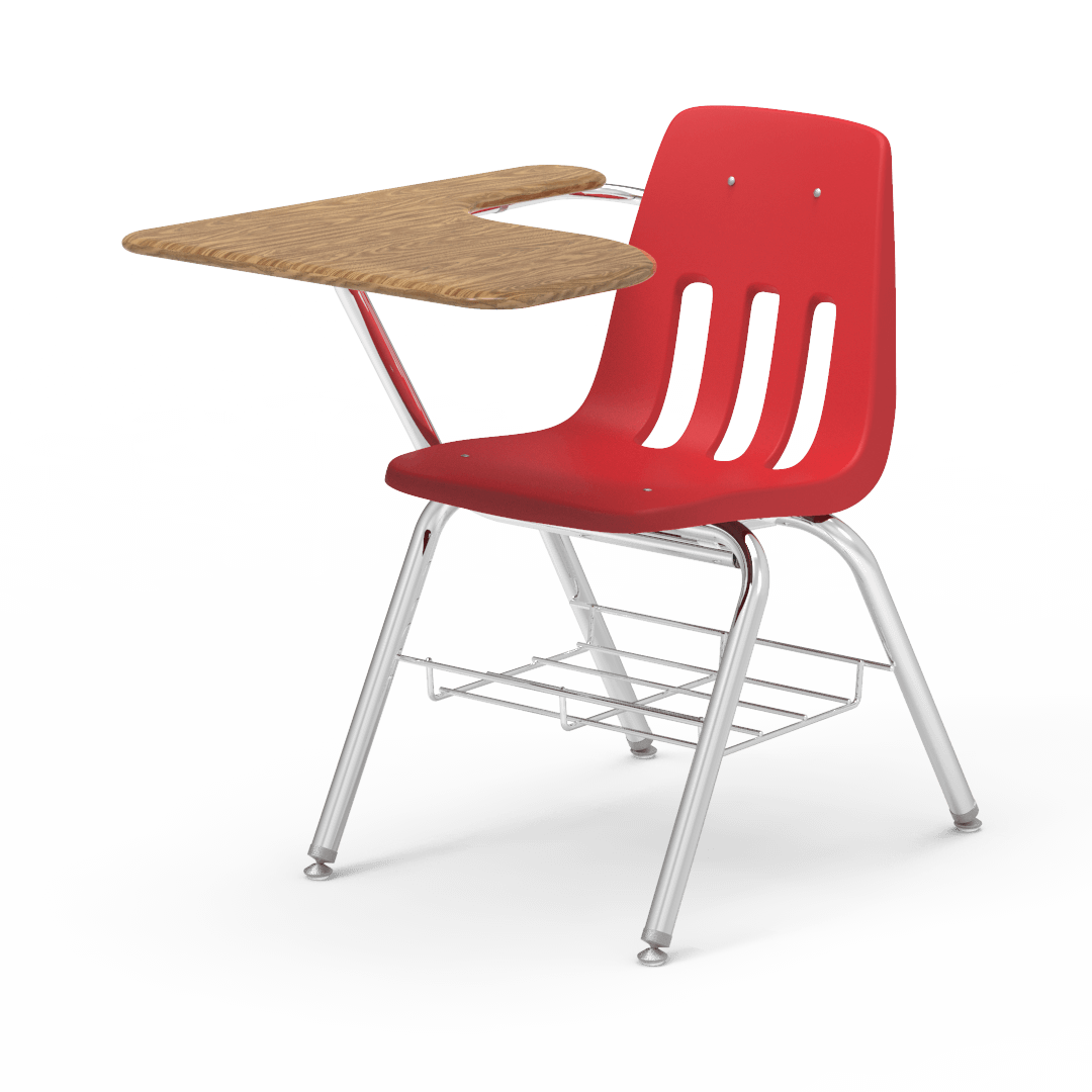 Virco 9700BRM Tablet Arm Chair-Desk with 18" Seat, 12" x 20" x 25" Hard Plastic Top, Bookrack for School and Classrooms - SchoolOutlet