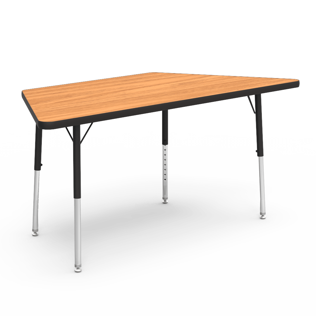 Trapezoid Preschool Activity Table with Heavy Duty Medium Oak Laminate Top - Preschool Height Adjustable Legs (30"W x 60"L x 17-25"H) - SchoolOutlet