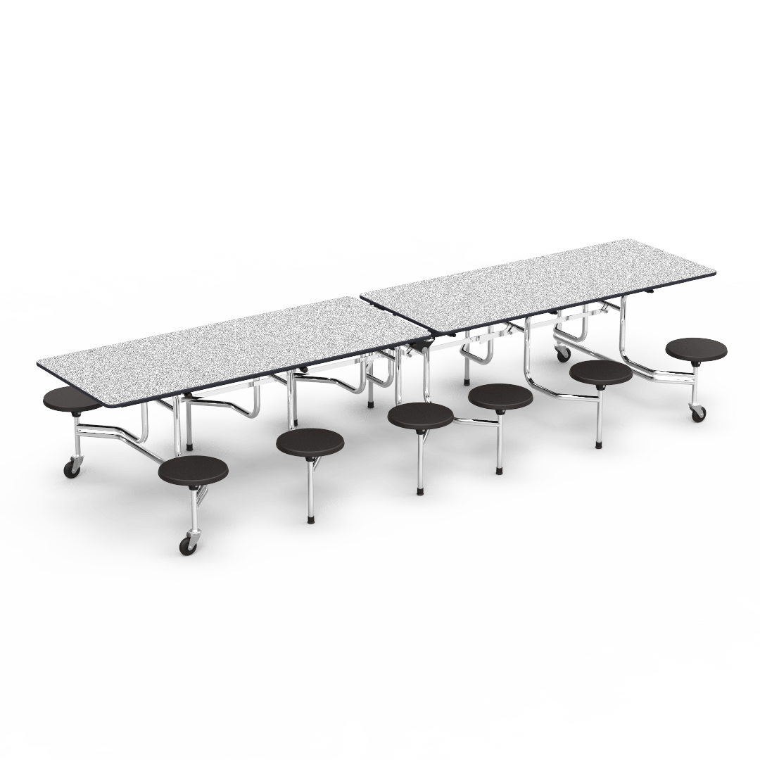 Virco MTS17291212 Student Lunchroom Table with 12 Stools for School Cafeterias, Mobile, Foldable with 30" x 144" Top - SchoolOutlet