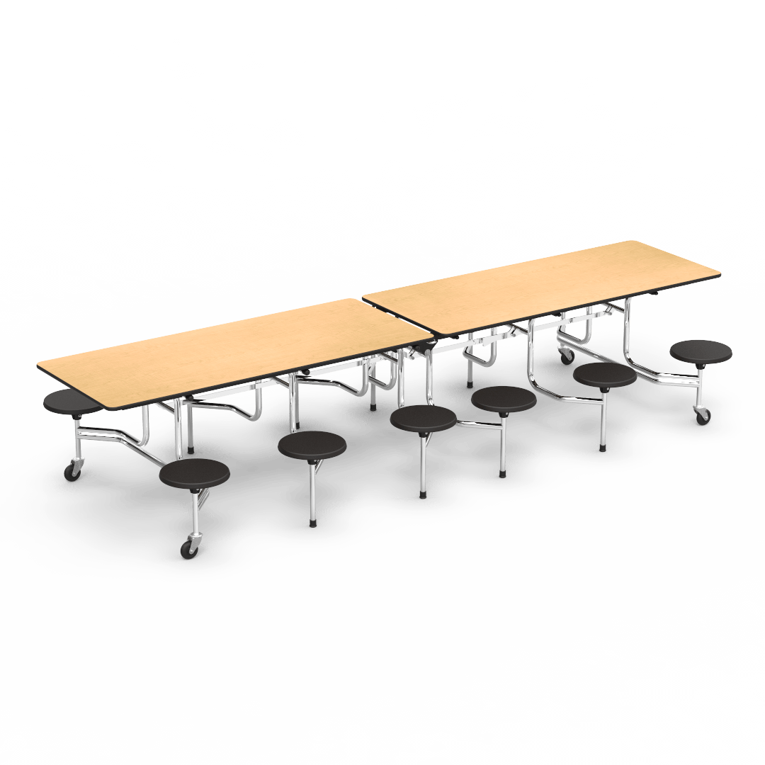 Virco MTS17291212 Student Lunchroom Table with 12 Stools for School Cafeterias, Mobile, Foldable with 30" x 144" Top - SchoolOutlet