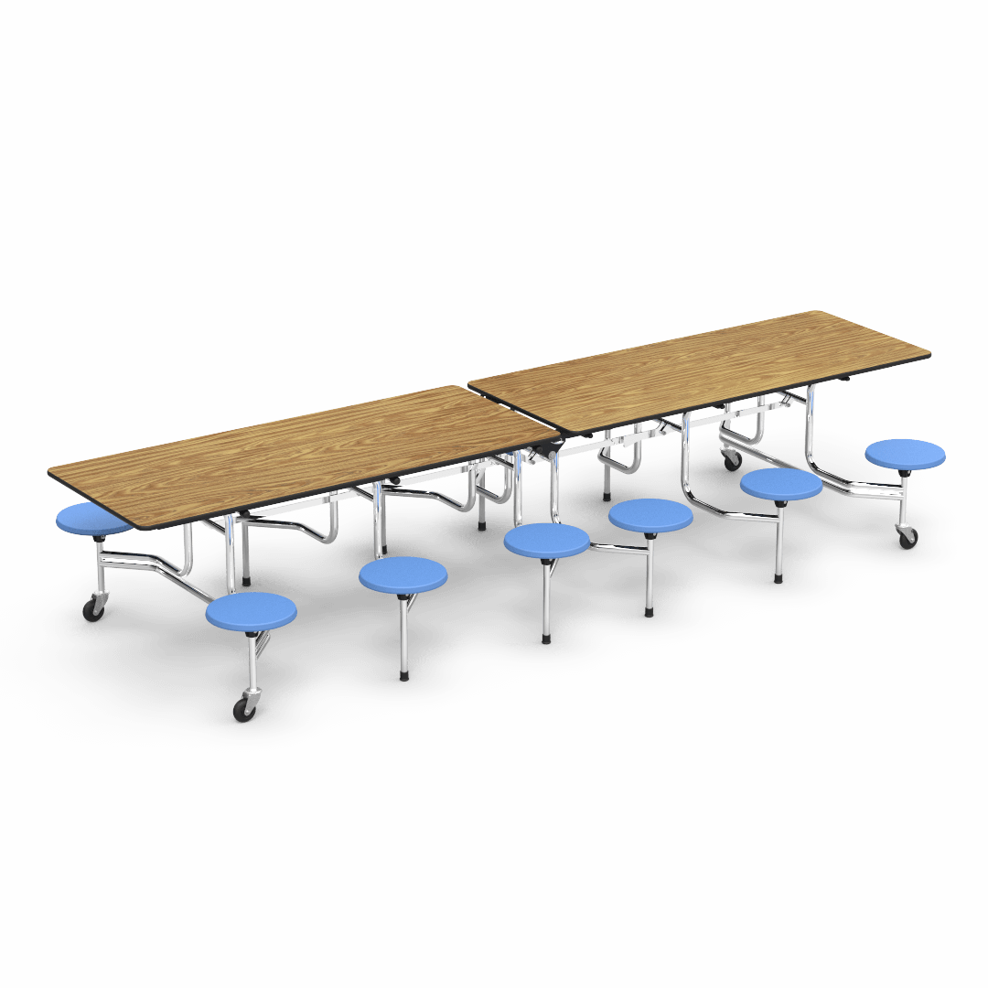 Virco MTS17291212 Student Lunchroom Table with 12 Stools for School Cafeterias, Mobile, Foldable with 30" x 144" Top - SchoolOutlet