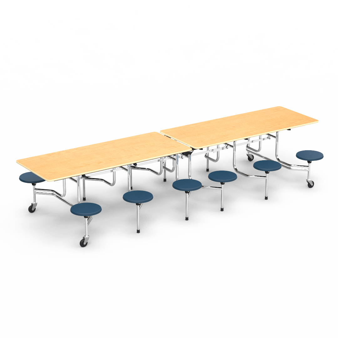 Virco MTS17291212 Student Lunchroom Table with 12 Stools for School Cafeterias, Mobile, Foldable with 30" x 144" Top - SchoolOutlet