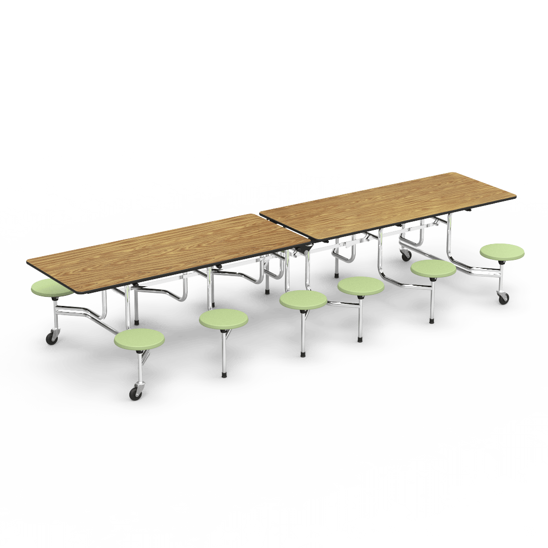 Virco MTS17291212 Student Lunchroom Table with 12 Stools for School Cafeterias, Mobile, Foldable with 30" x 144" Top - SchoolOutlet