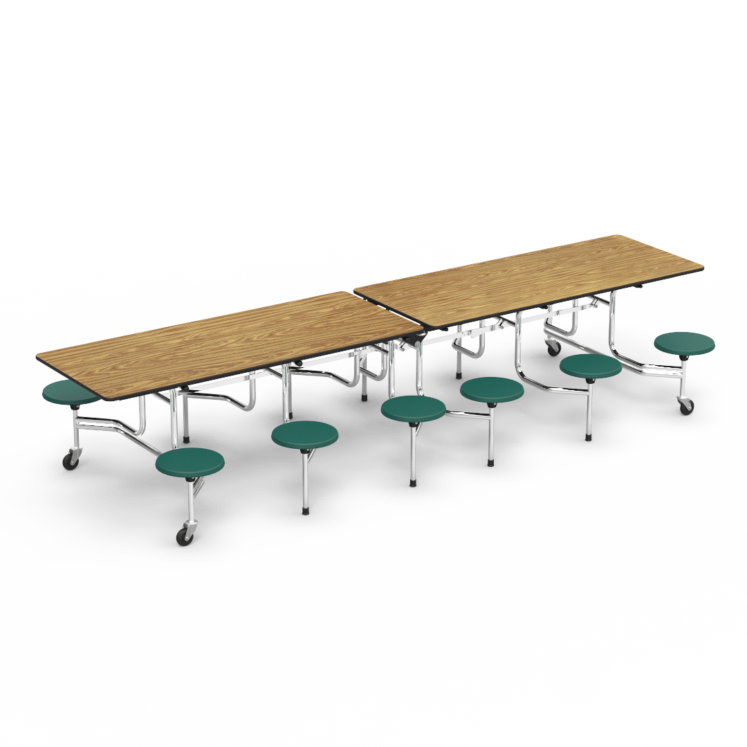 Virco MTS17291212 Student Lunchroom Table with 12 Stools for School Cafeterias, Mobile, Foldable with 30" x 144" Top - SchoolOutlet