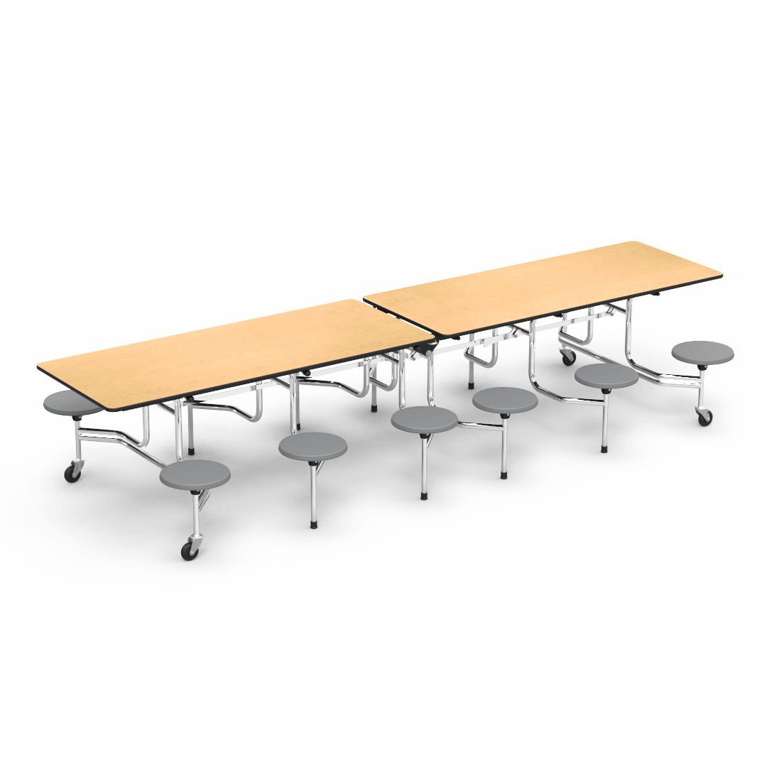 Virco MTS17291212 Student Lunchroom Table with 12 Stools for School Cafeterias, Mobile, Foldable with 30" x 144" Top - SchoolOutlet