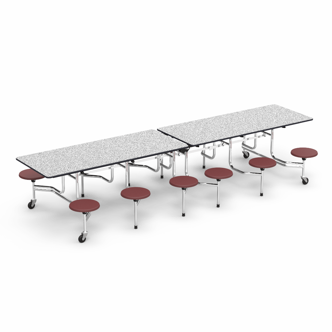 Virco MTS17291212 Student Lunchroom Table with 12 Stools for School Cafeterias, Mobile, Foldable with 30" x 144" Top - SchoolOutlet